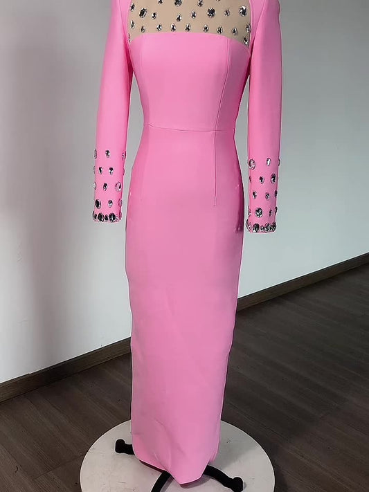 Handmade Beaded Super Long Dress-Pink - vevewholesale