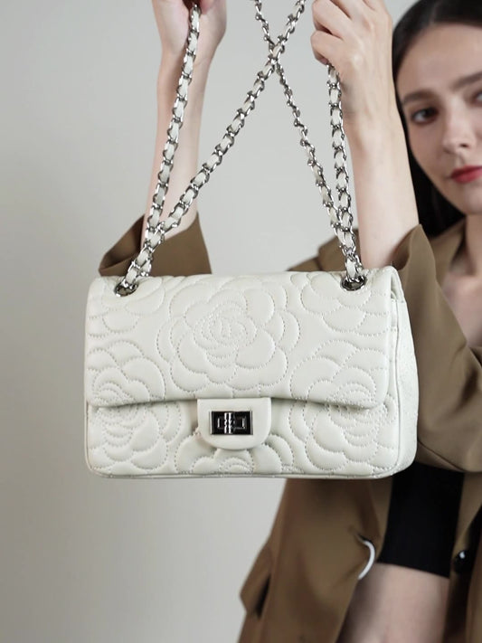 Camellia Flower Goatskin One Shoulder Bag-White - vevewholesale