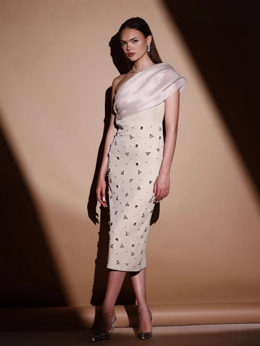 Pleated One Shoulder Diamond Long Dress - vevewholesale