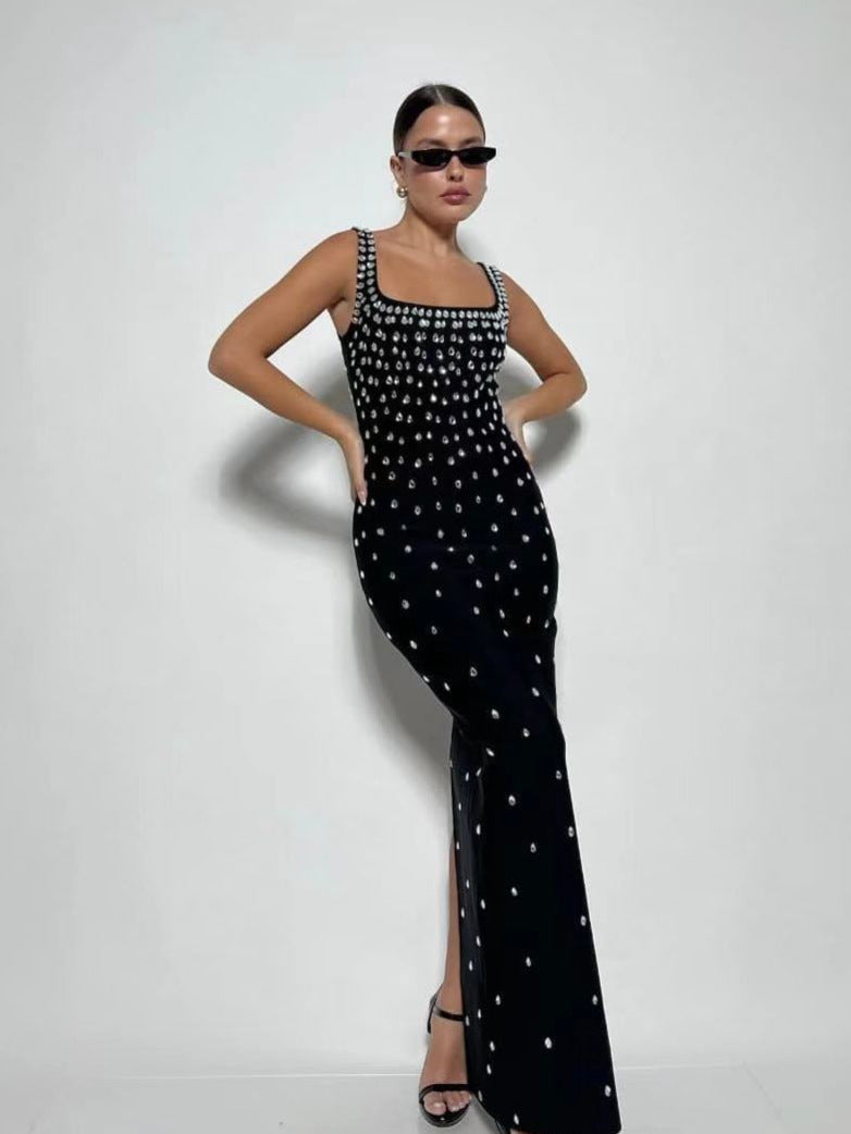 Rhinestone Strappy Maxi Dress - vevewholesale