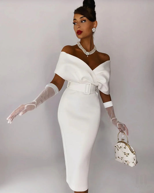 Space Cotton One Shoulder Midi Dress-White - vevewholesale