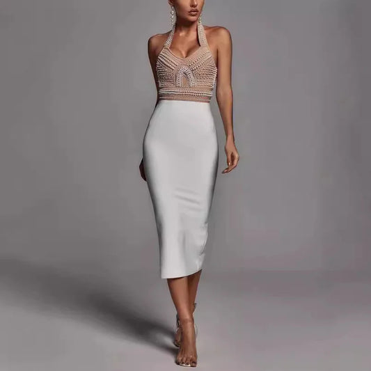 Beaded Halter Neck Midi Dress - vevewholesale