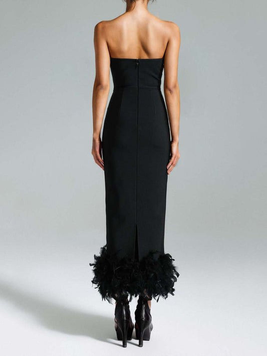 Rhinestone Strapless Feather Long Dress - vevewholesale