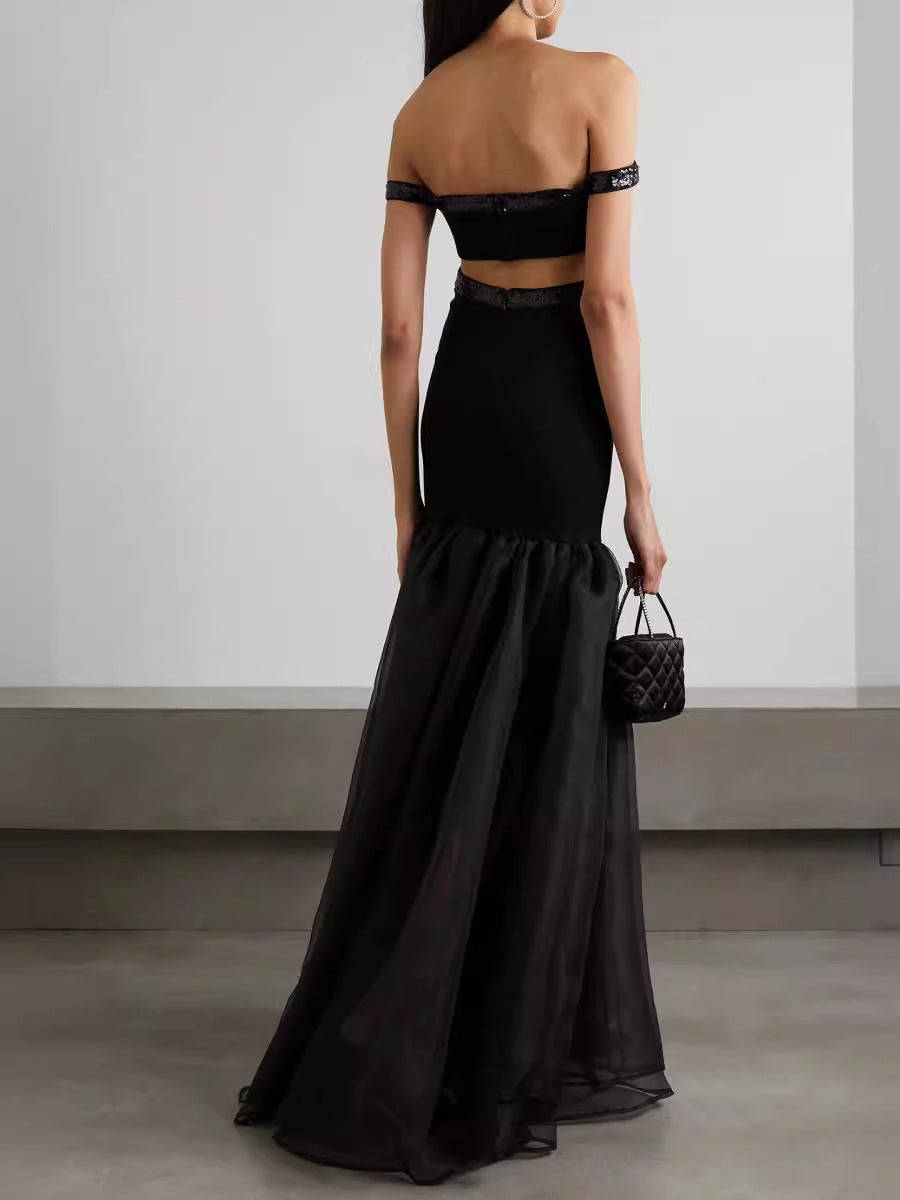 One Shoulder Fishtail Mesh Maxi Dress - vevewholesale