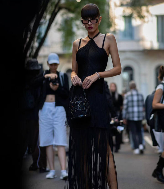 Tassel Halter Dress-Black - vevewholesale