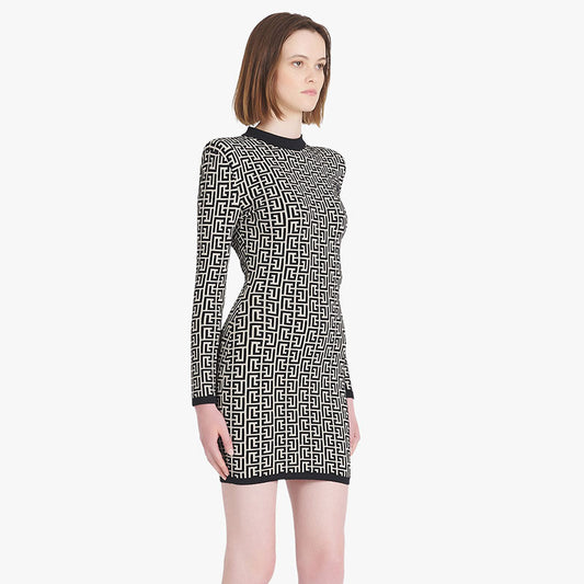 Long sleeved Round Neck Jacquard Mini Dress - vevewholesale