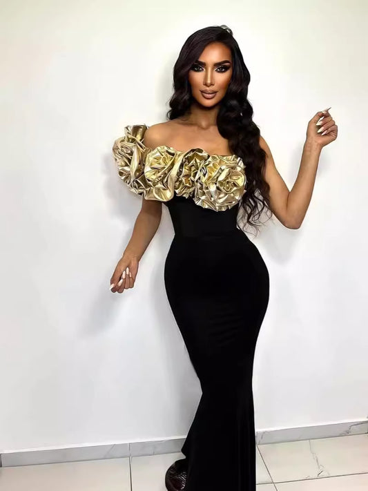 One Shoulder Golden Flowers Maxi Dress - vevewholesale