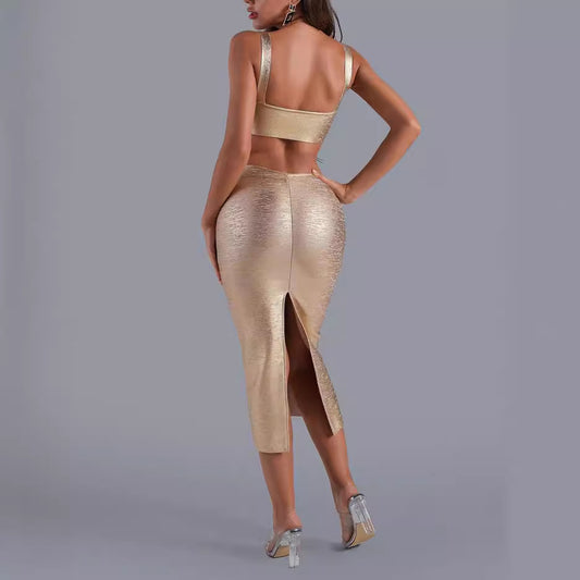 Gilded Halter Long Dress - vevewholesale