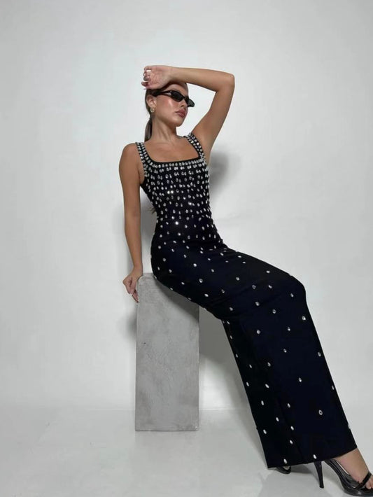 Rhinestone Strappy Maxi Dress - vevewholesale