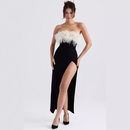Ostrich Feather Strapless Midi Dress - vevewholesale