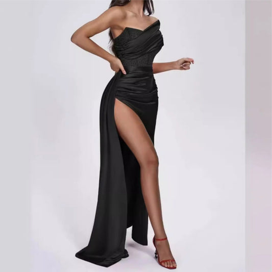 One Shoulder Backless Maxi Dress-Black - vevewholesale