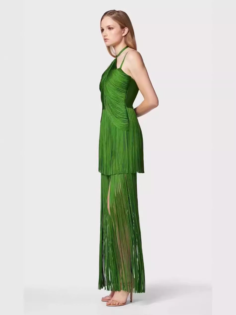 Tassel Halter Dress-Green - vevewholesale