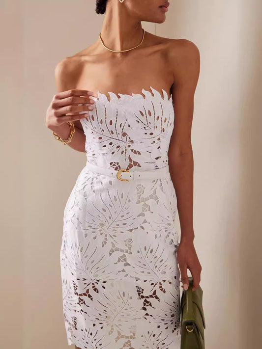 Maple Leaf Strapless Midi Dress-White - vevewholesale