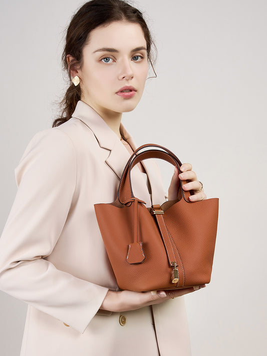 Leather Bucket Handbag-Brown - vevewholesale