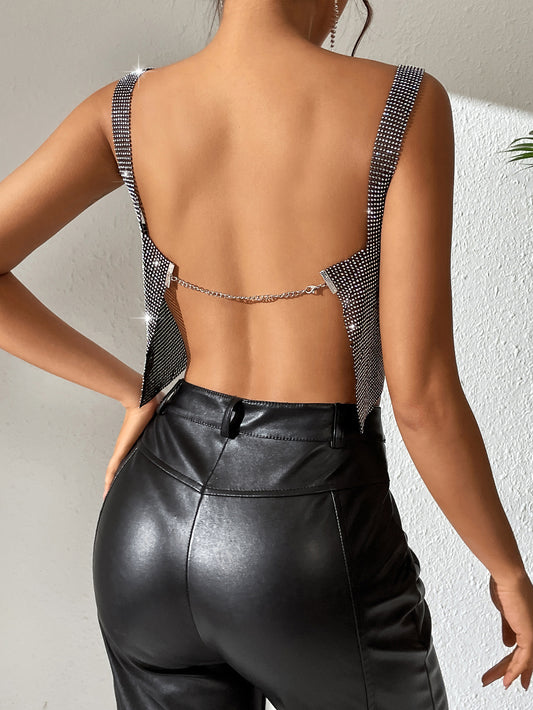 Metal Diamond Mesh Backless Top - vevewholesale