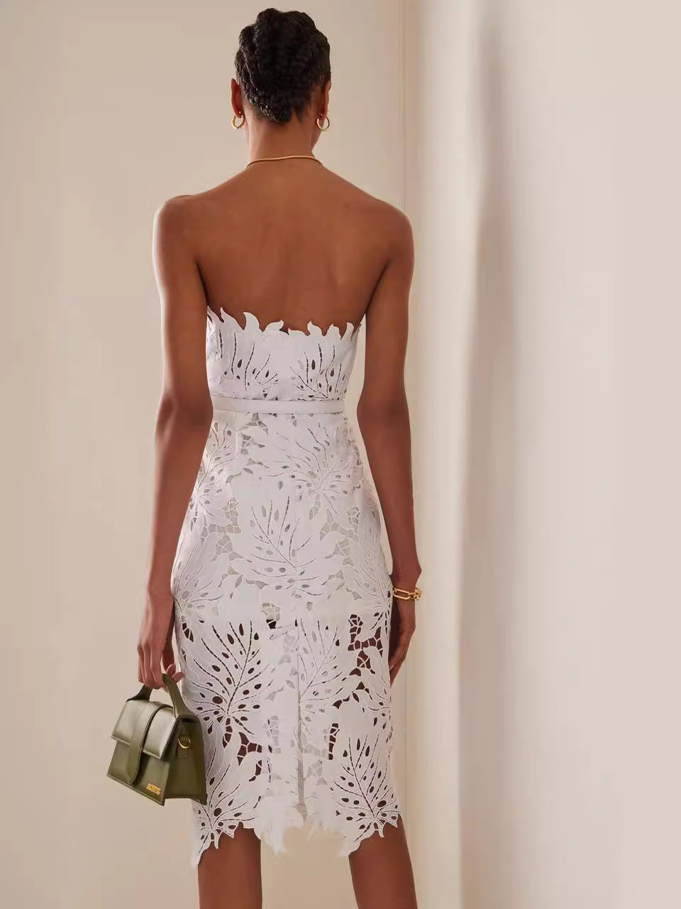 Maple Leaf Strapless Midi Dress-White - vevewholesale