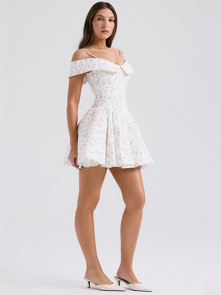 One Shoulder Strappy Printed Puffy Mini Dress-White - vevewholesale