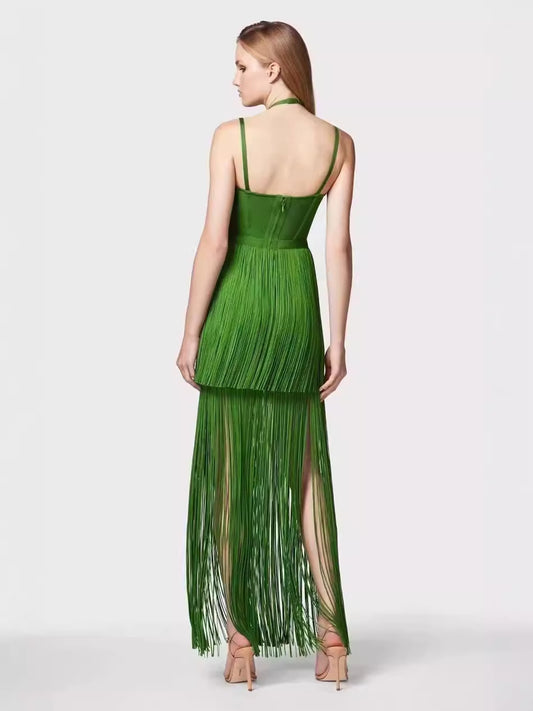 Tassel Halter Dress-Green - vevewholesale