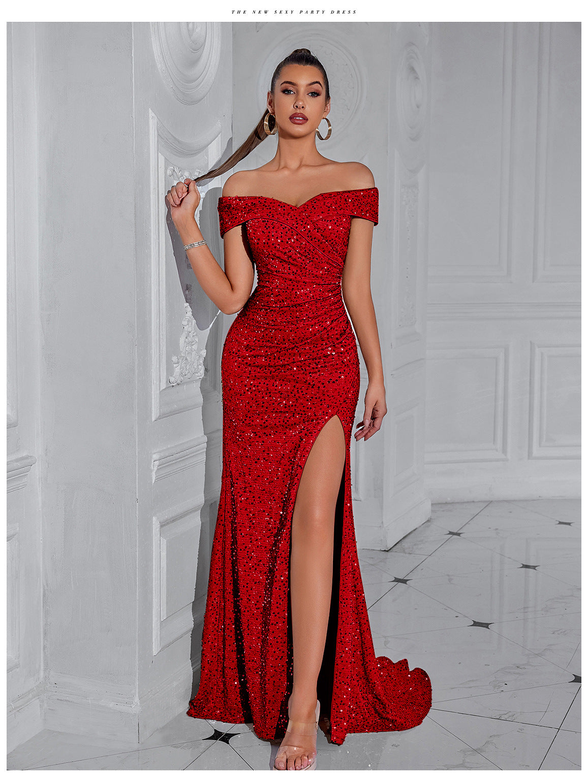 Sequined Off The Shoulder High Slit Maxi Dress-Red - vevewholesale