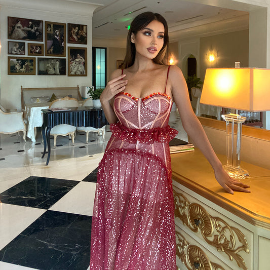 Beaded Halter Midi Dress - vevewholesale