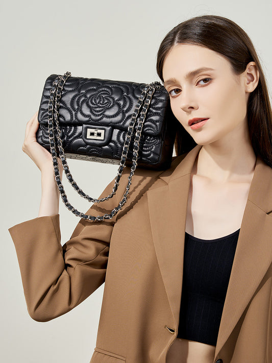 Camellia Flower Goatskin One Shoulder Bag-Black - vevewholesale