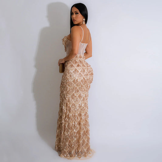 Sequined Halter Maxi Dress-Apricot Color - vevewholesale