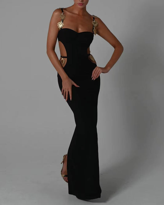 Waist Exposed Luxurious Ultra Long Dress-Black - vevewholesale