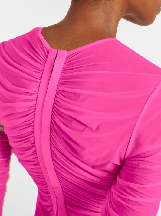 Long sleeved Mesh Maxi Dress-Pink - vevewholesale
