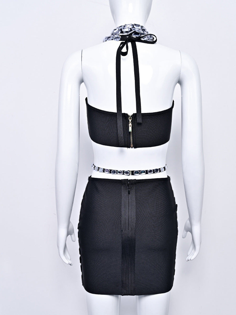 Diamond-Encrusted Halter Neck Two-Piece Set - vevewholesale