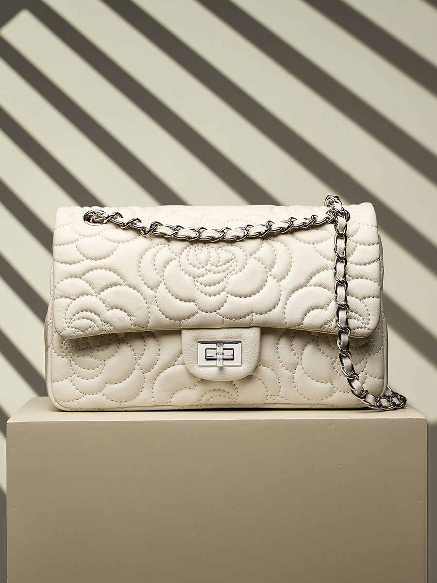 Camellia Flower Goatskin One Shoulder Bag-White - vevewholesale