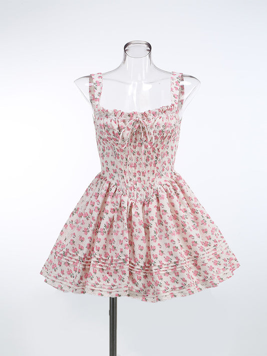 Floral Halter Mini Dress--White Background Rose - vevewholesale