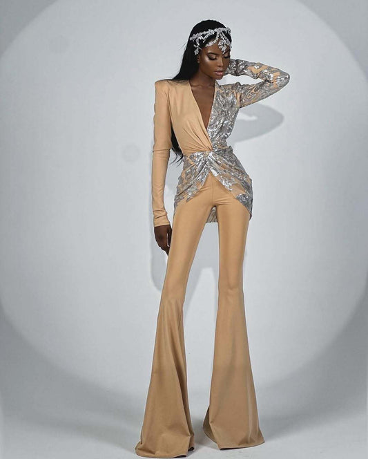 Deep V Shaped Sequined Long Sleeved Jumpsuit - vevewholesale