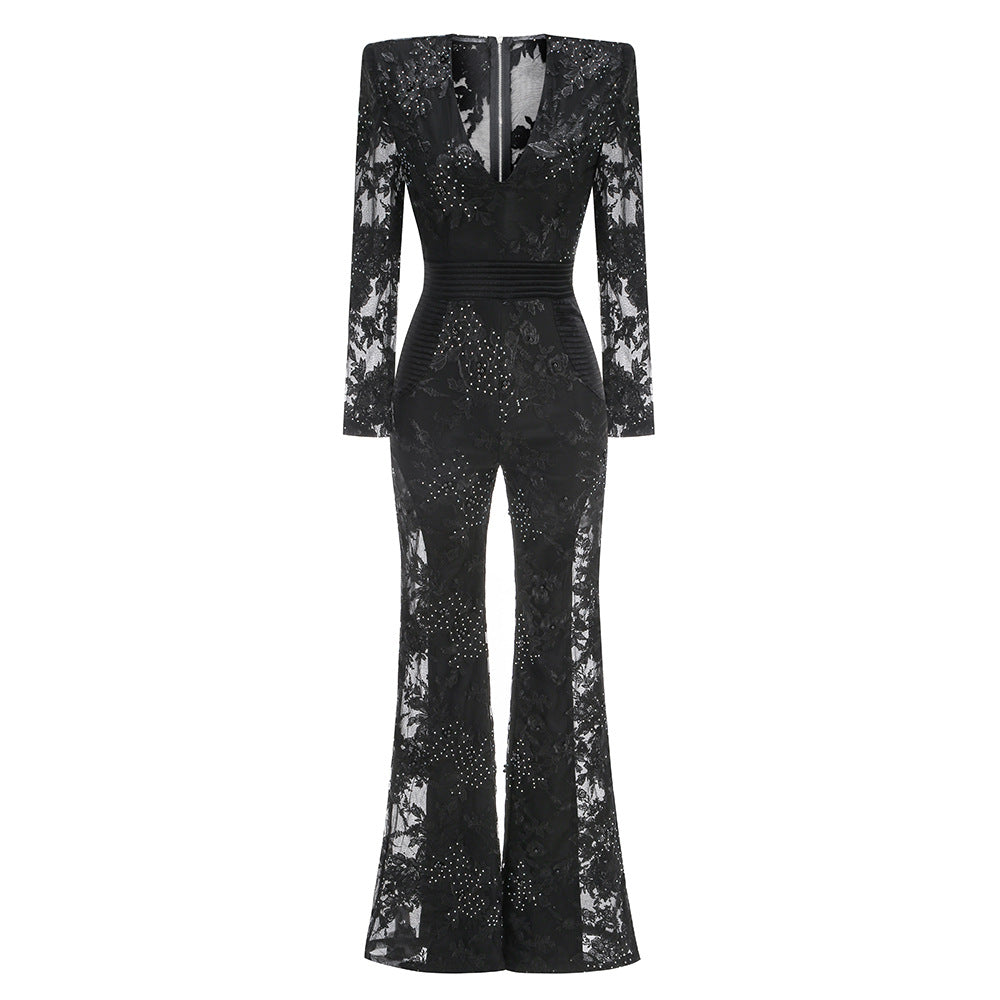 V Neck Lace Patchwork Jumpsuit - vevewholesale