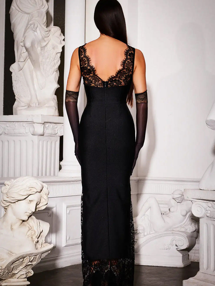V Neck Lace Maxi Dress-Black - vevewholesale