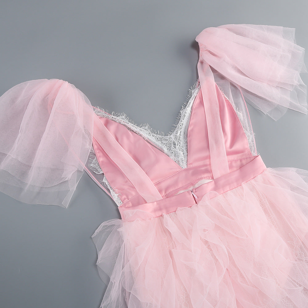 V Neck Mesh High Cut Out Maxi Dress - vevewholesale