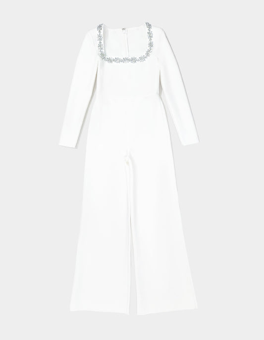 Square Neck Long Sleeved Jumpsuit-White - vevewholesale