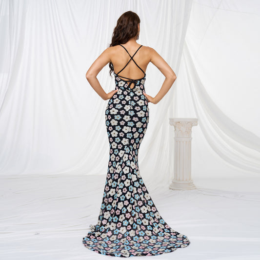 Halter Sequined Flower Fishtail Dress - vevewholesale