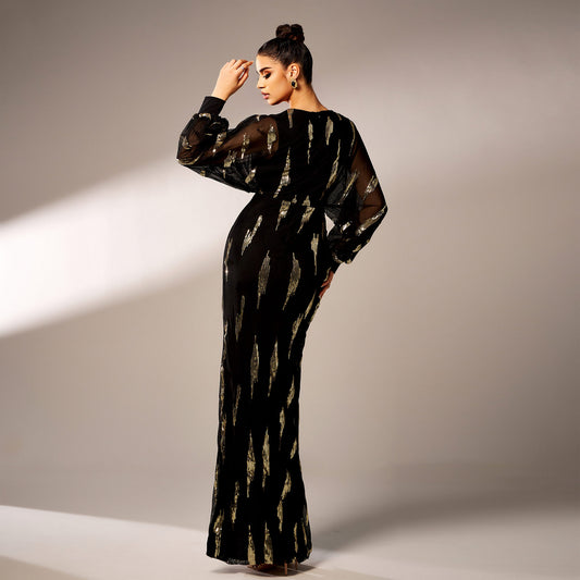 Long Sleeved V-neck Sequined Maxi Dress