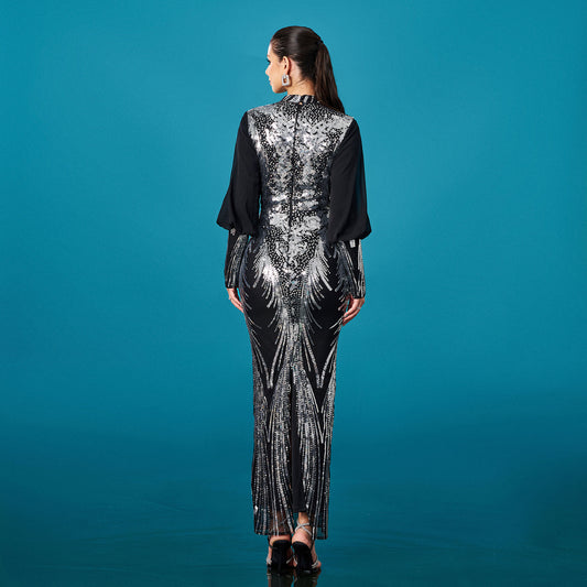 Long Sleeved Round-neck Sequined Long Dress