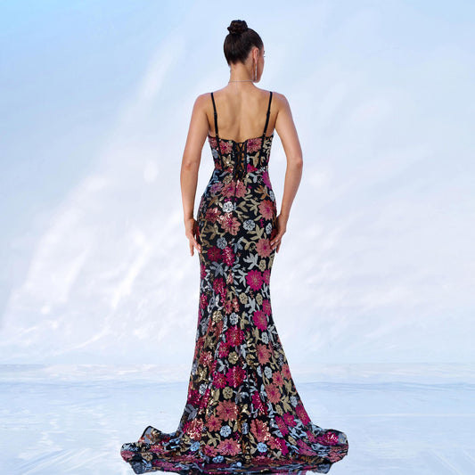 Strapless V-Neck Sequined Maxi Dress - vevewholesale