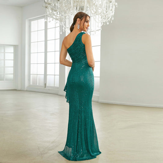 One Shoulder Sequined Slit Maxi Dress - vevewholesale