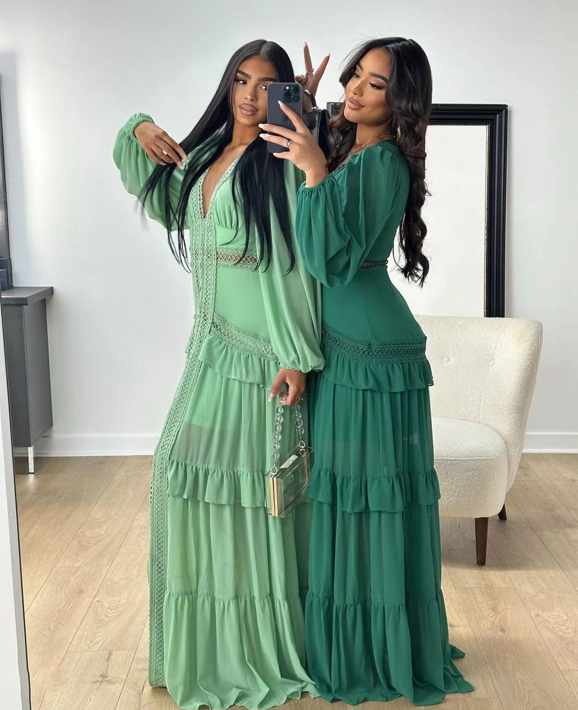 Long Sleeved V Neck Maxi Dress- Light Green - vevewholesale