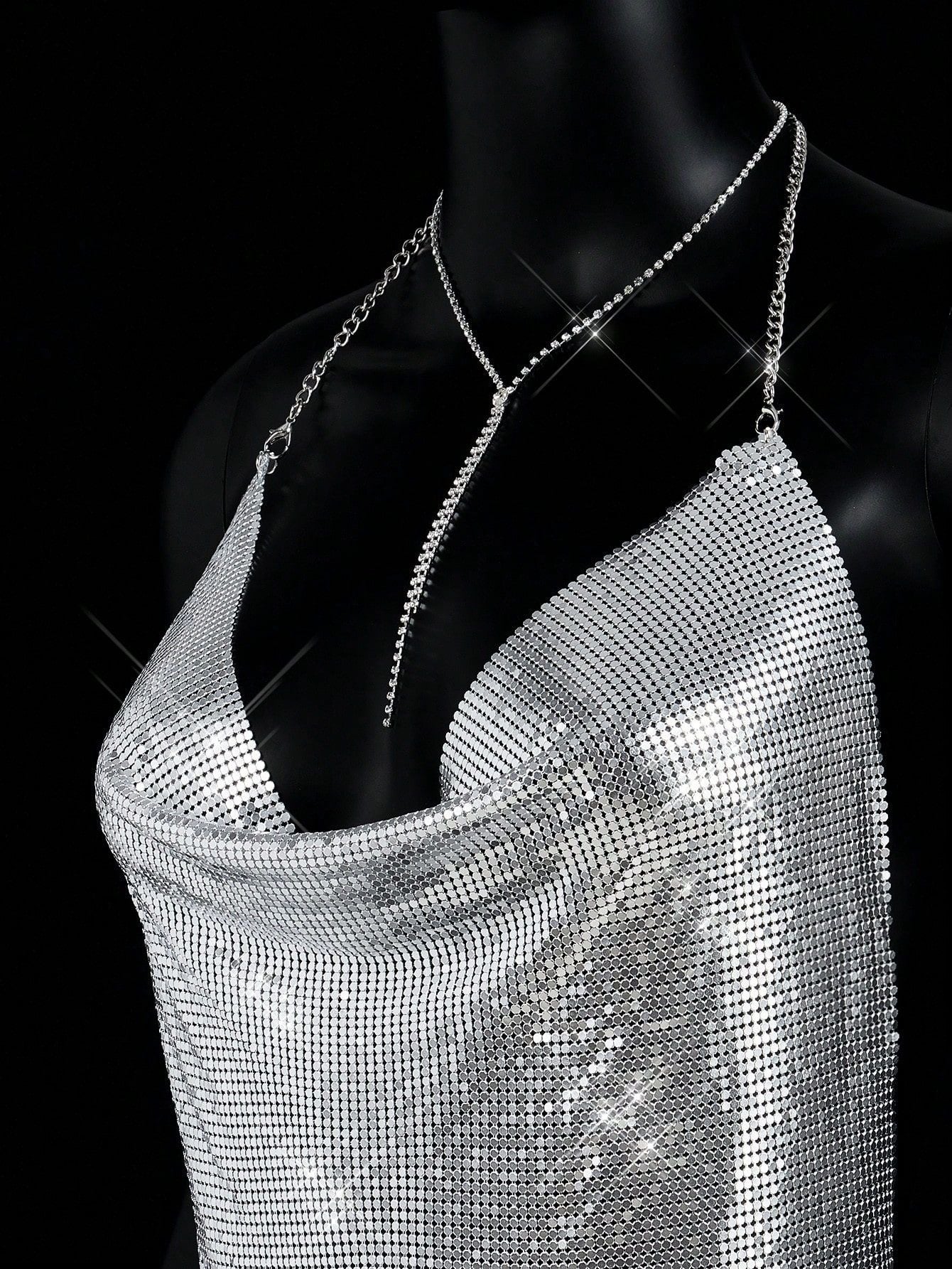 Metal Sequin Deep V Top-Sliver - vevewholesale