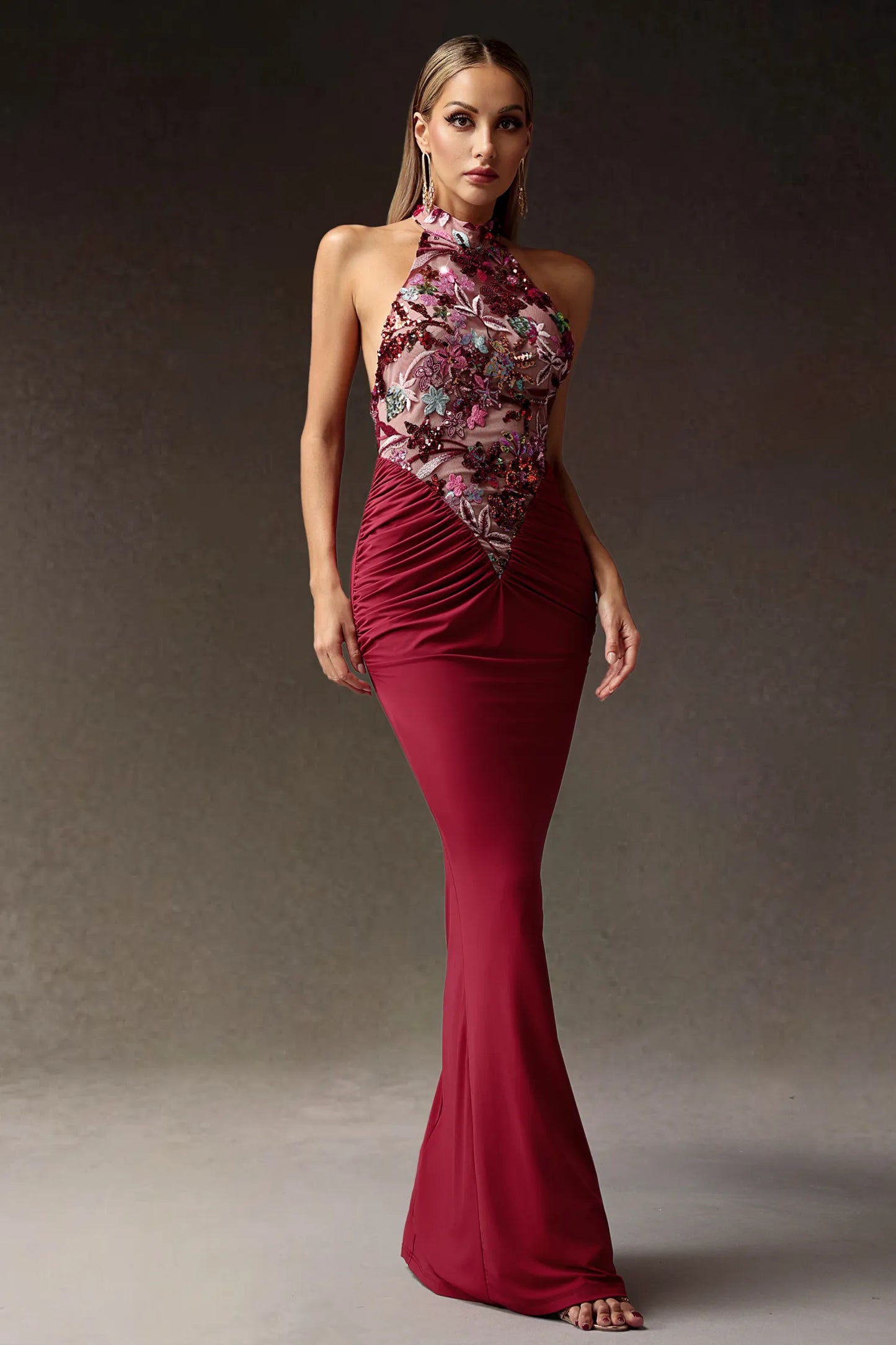 Halter Embroidered Patchwork Maxi Dress-Red