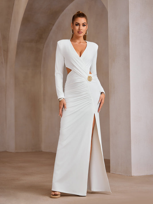 Long-Sleeved Deep V-Neck Maxi Dress