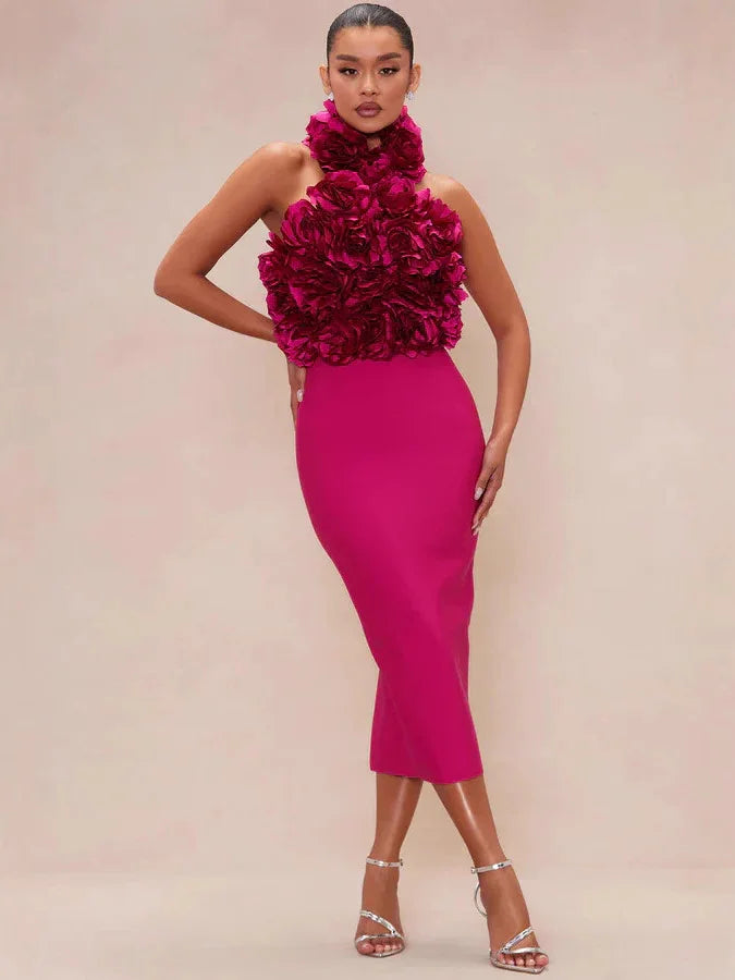 Big Flower Midi Dress-Rose Red - vevewholesale