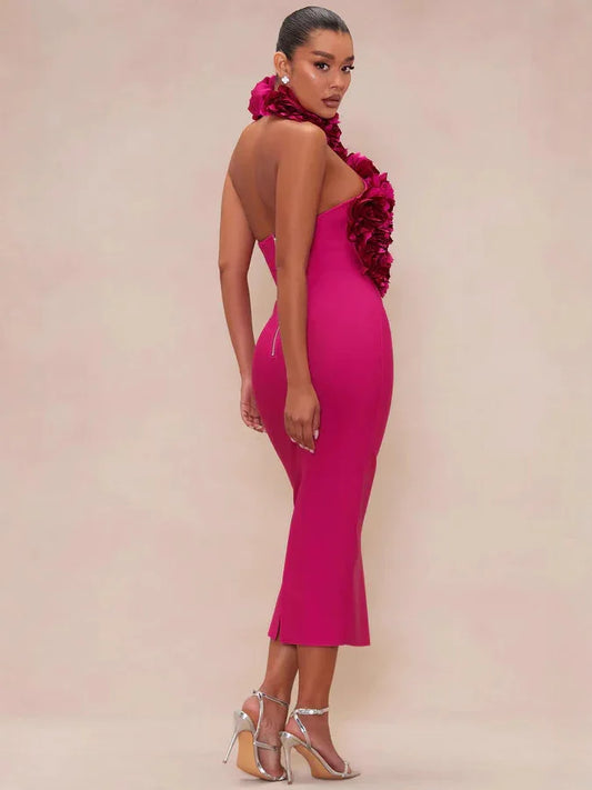 Big Flower Midi Dress-Rose Red - vevewholesale