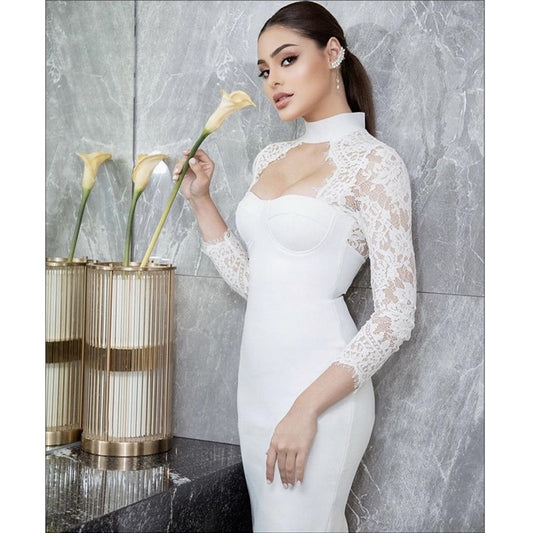 Halter Neck Long Sleeves Midi Dress-White - vevewholesale