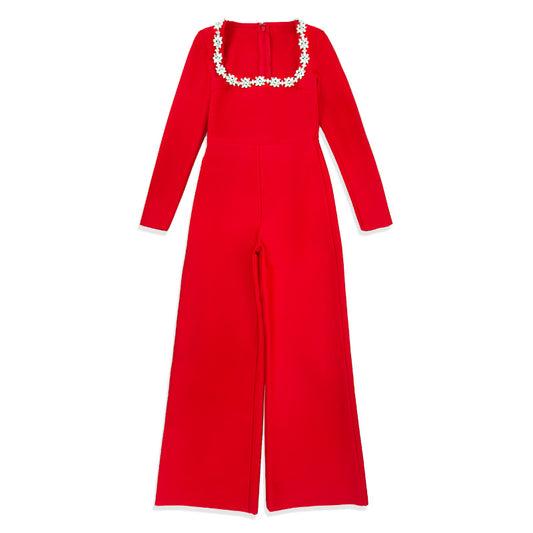 Square Neck Long Sleeved Jumpsuit-Red - vevewholesale