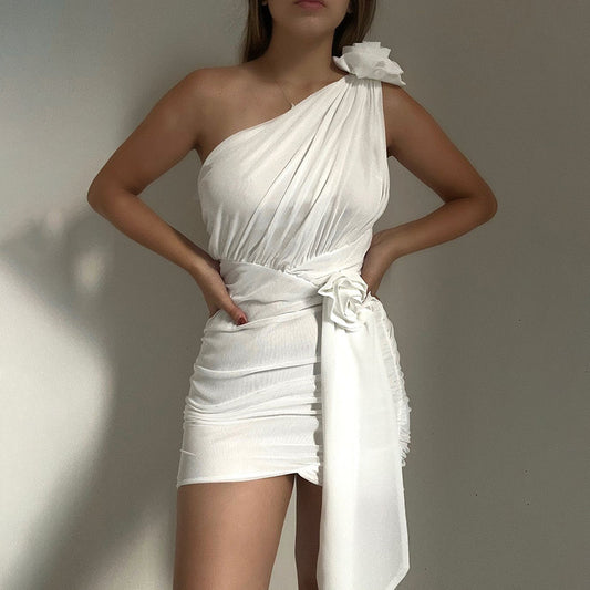 One Shoulder Flower Mini Dress-White - vevewholesale